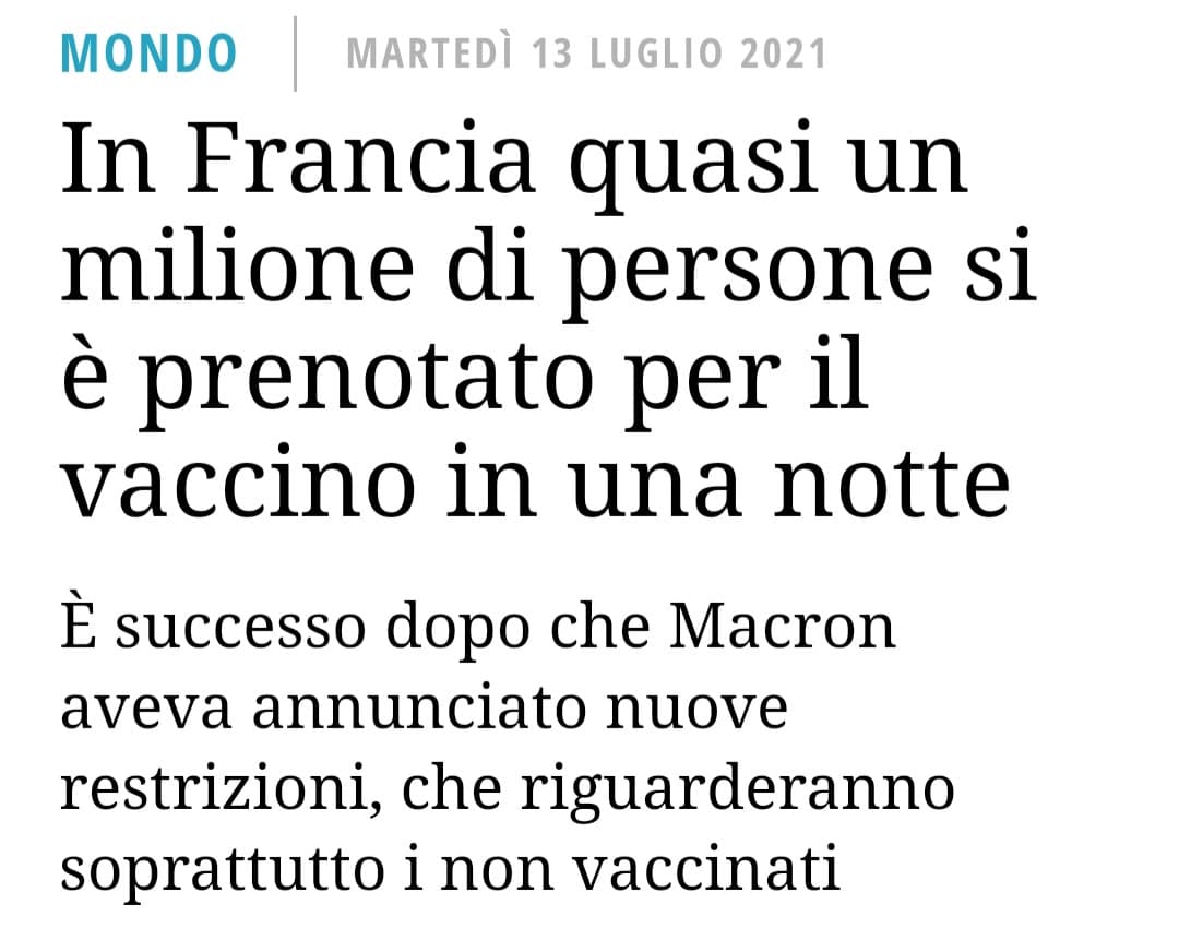 Ulteriore prova del fatto che chi rifiuta il vaccino non lo fa per vero timore di fantomatiche conseguenze a lungo termine, ma per pura testardaggine e voglia di remare contro il governo e la sanità. 