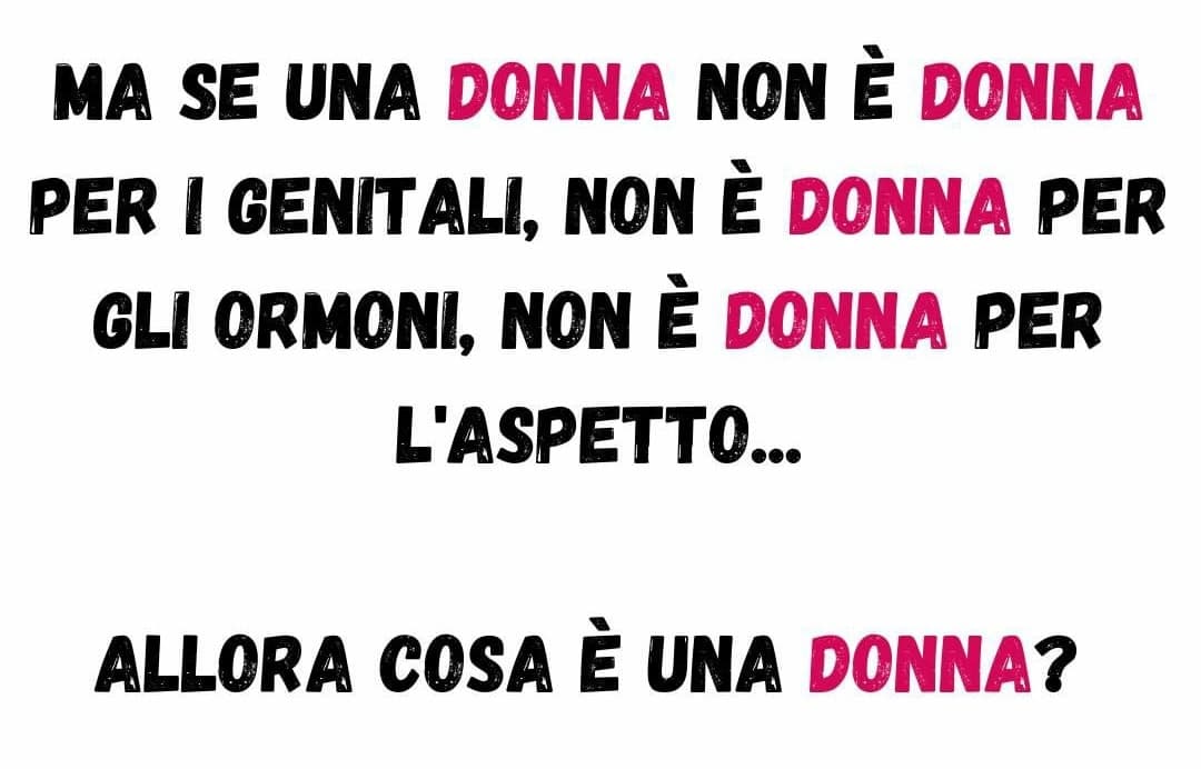 Di solito non concordo con i provita, e non sono transfobica. Ma non ho ancora capito cosa "definisce" una donna (o un uomo), oltre l'autodeterminazione insomma...