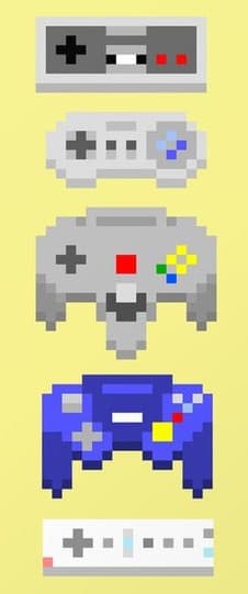 Pixel art dei controller di alcune console Nintendo, partendo dal Nes 8bit fino alla Nintendo Wii.