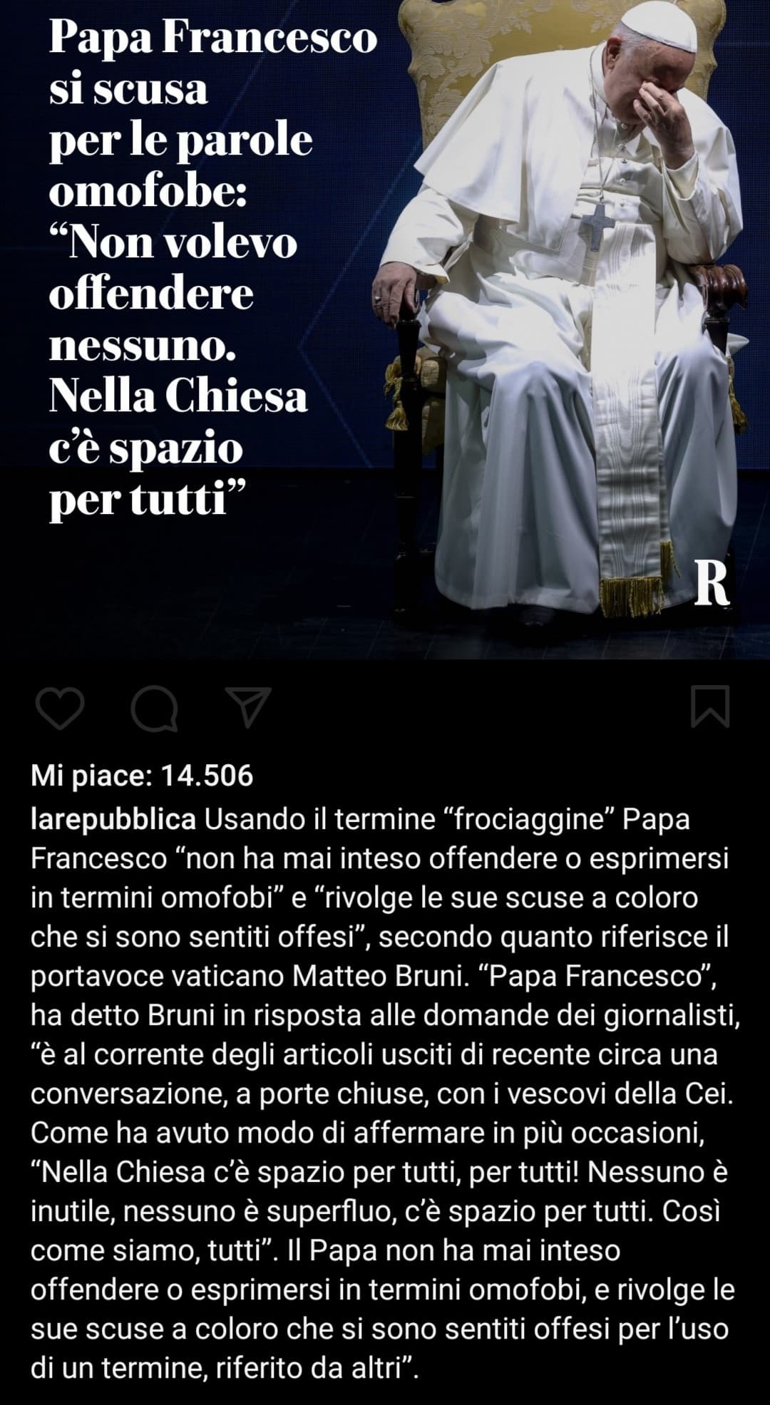 Che danno aver perso migliaia di fedeli che avevano abboccato alle belle parole sull'inclusione. Svelto a chiedere scusa, così sistemiamo tutto! 