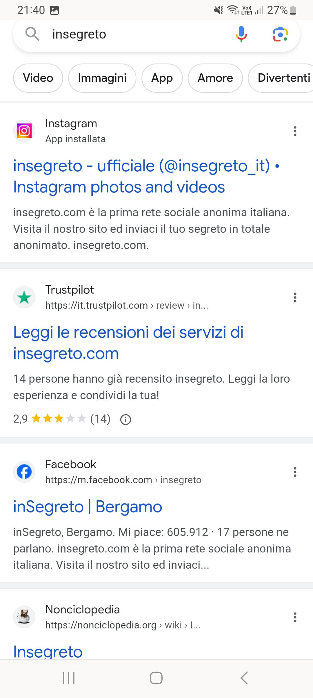 Ma perché quando cerco Insegreto mi appare Instagram invece di Insegreto 