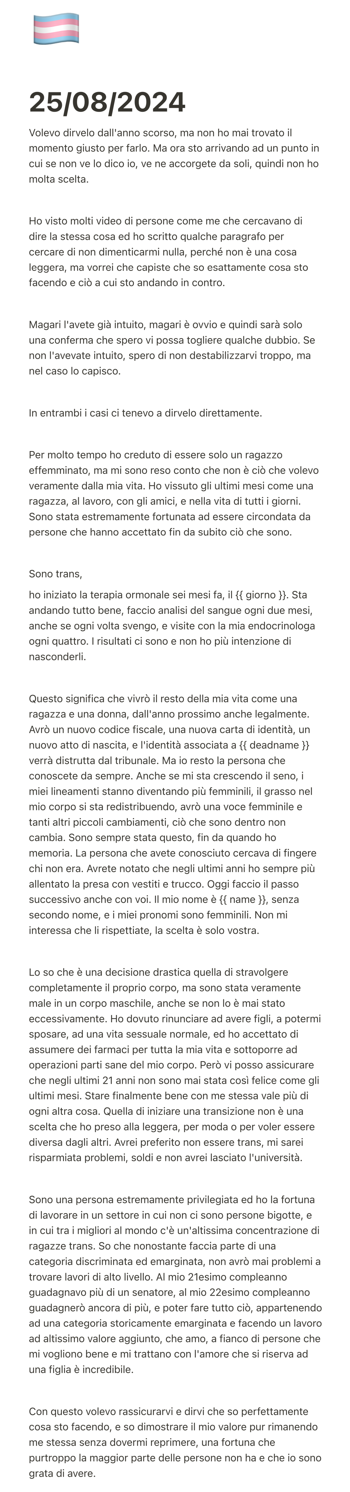 Visto che vi ho resi partecipi, volevo condividere con voi come pensavo di dire alla mia famiglia che sono trans. Critiche argomentate ben accette.