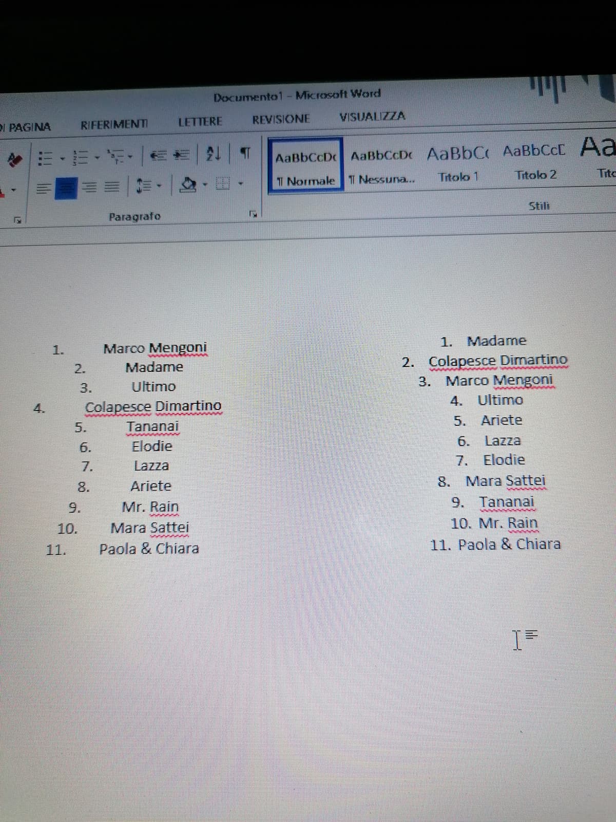 Sto facendo la classifica finale possibile di Sanremo (a sinistra) e la mia personale (a destra). Già il fatto che Ultimo sia sopra Ariete nella mia classifica è gravissimo