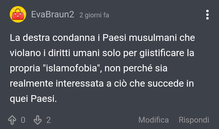 Mi spiace ma è la verità. Tiriamo fuori la violazione dei diritti umani nei Paesi islamici solo per denigrare l'Islam e dimostrare quanto sia incompatibile con la cultura occidentale, quando siamo noi stessi a voler togliere alla gente il sacrosanto diritt