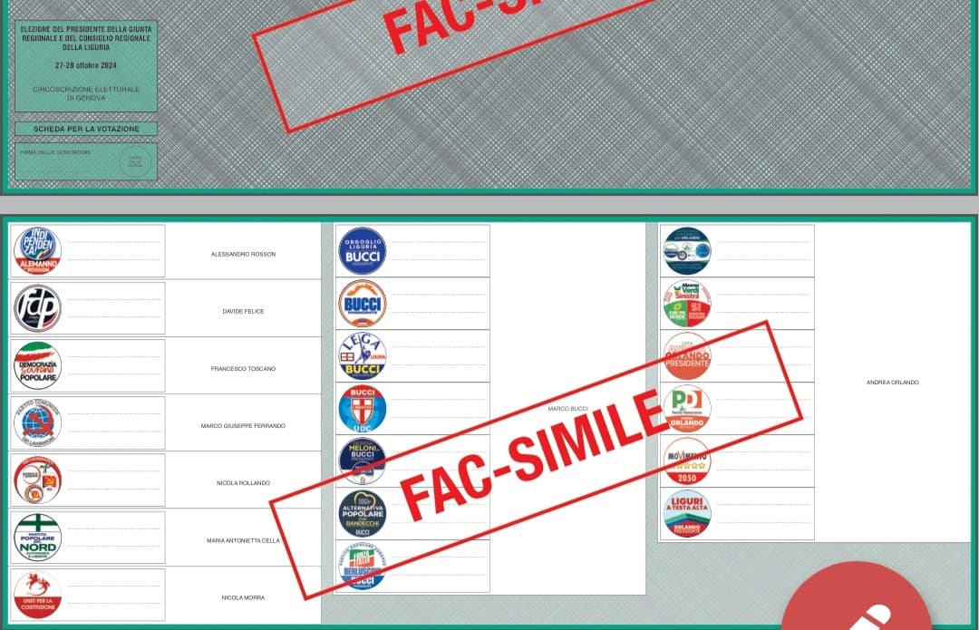 Fac simile scheda elettorale delle elezioni regionali in Liguria 2024 