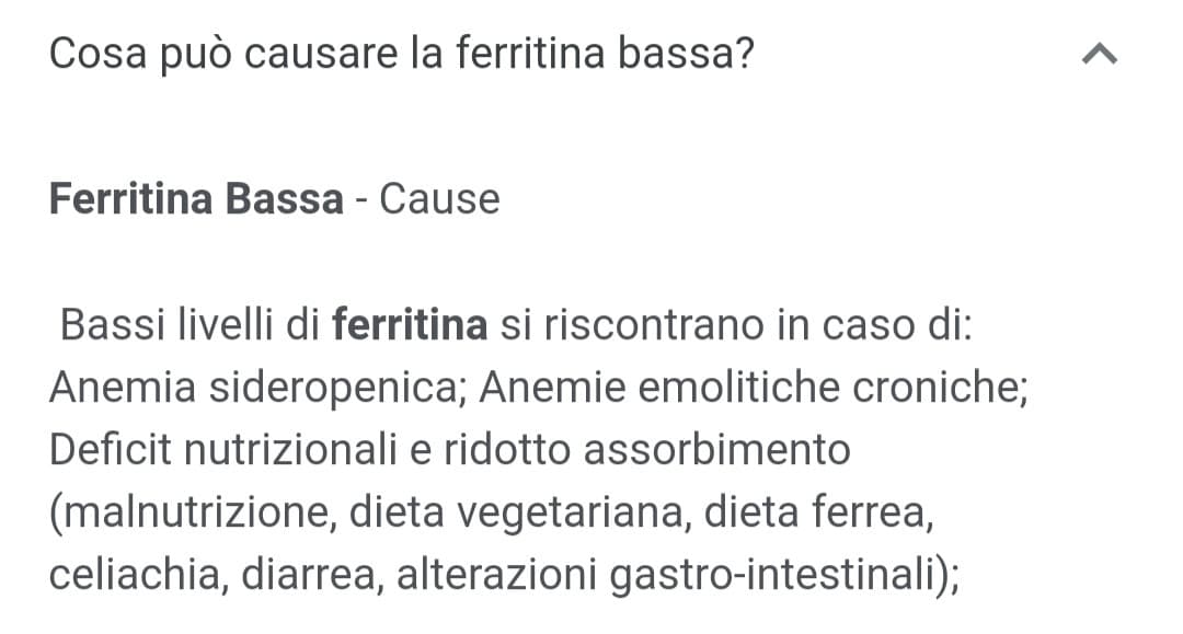 È un mistero la mia ferritina bassa: non è causata da nessuna di queste cose e non mi fa stare male, sono solo un po' debole a volte ?‍♀️  Il problema è che appena smetto di prendere il ferro ridiventa bassa quindi devo prenderlo per sempre? ?