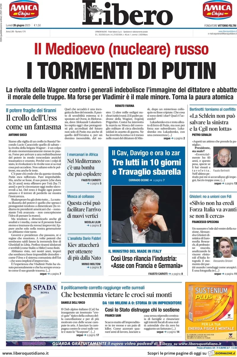 Per la rubrica del Libero quotidiano: la prima pagina di oggi