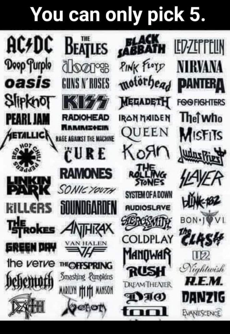 Guns, Dream Theater, Metallica, Megadeth. L'ultima scelta se la giocano Linkin Park, Evanescence, ACDC,Queen, Oasis. Aiuto