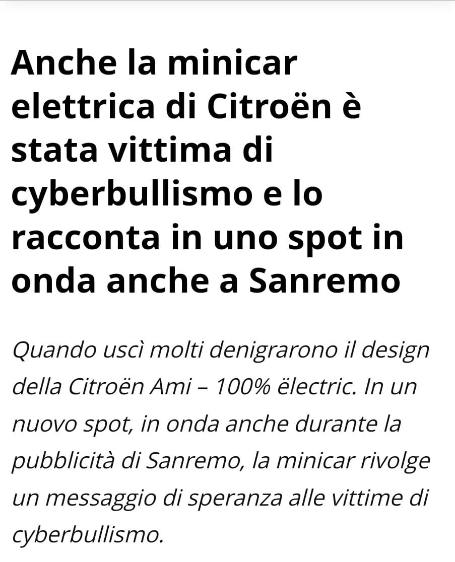 Argomento serio, pubblicità della Citroen Ami contro il cyberbullismo criticata. Descrizione.