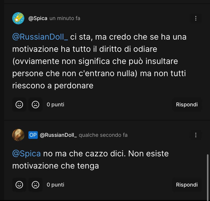 Questa dice che una persona se ha una motivazione ha il diritto di odiare un etnia. Come l’esempio di una mia conoscente che mi odia perché sono russa