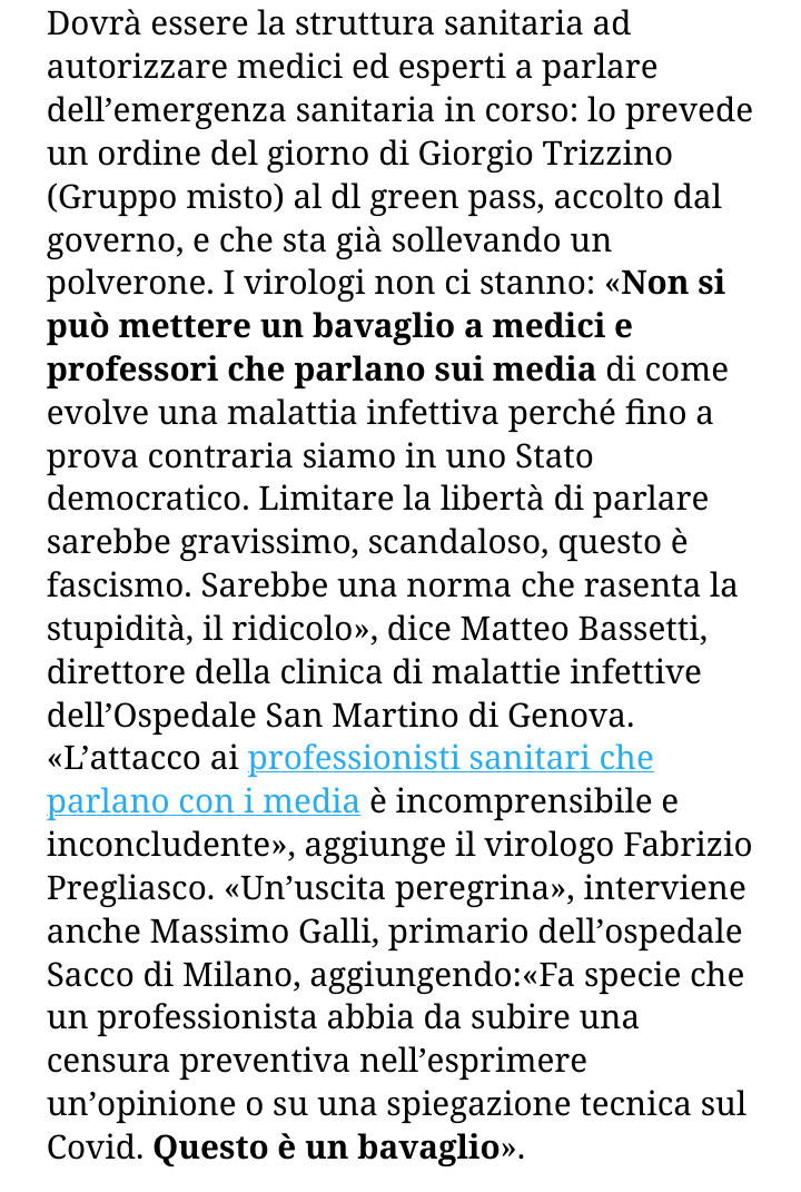 Quando gli conviene tirano loro in ballo il fascismo. Loro che hanno sempre oscurato quei colleghi contrari al vaccino. Eccoli abituati a fare le superstar televisive, ben vi sta. Patetici e vomitevoli.