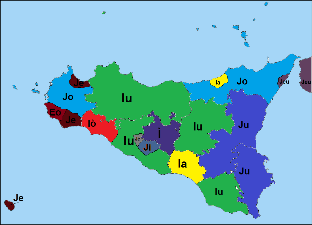 Varianti di "iu" (io) nei dialetti della Lingua siciliana.