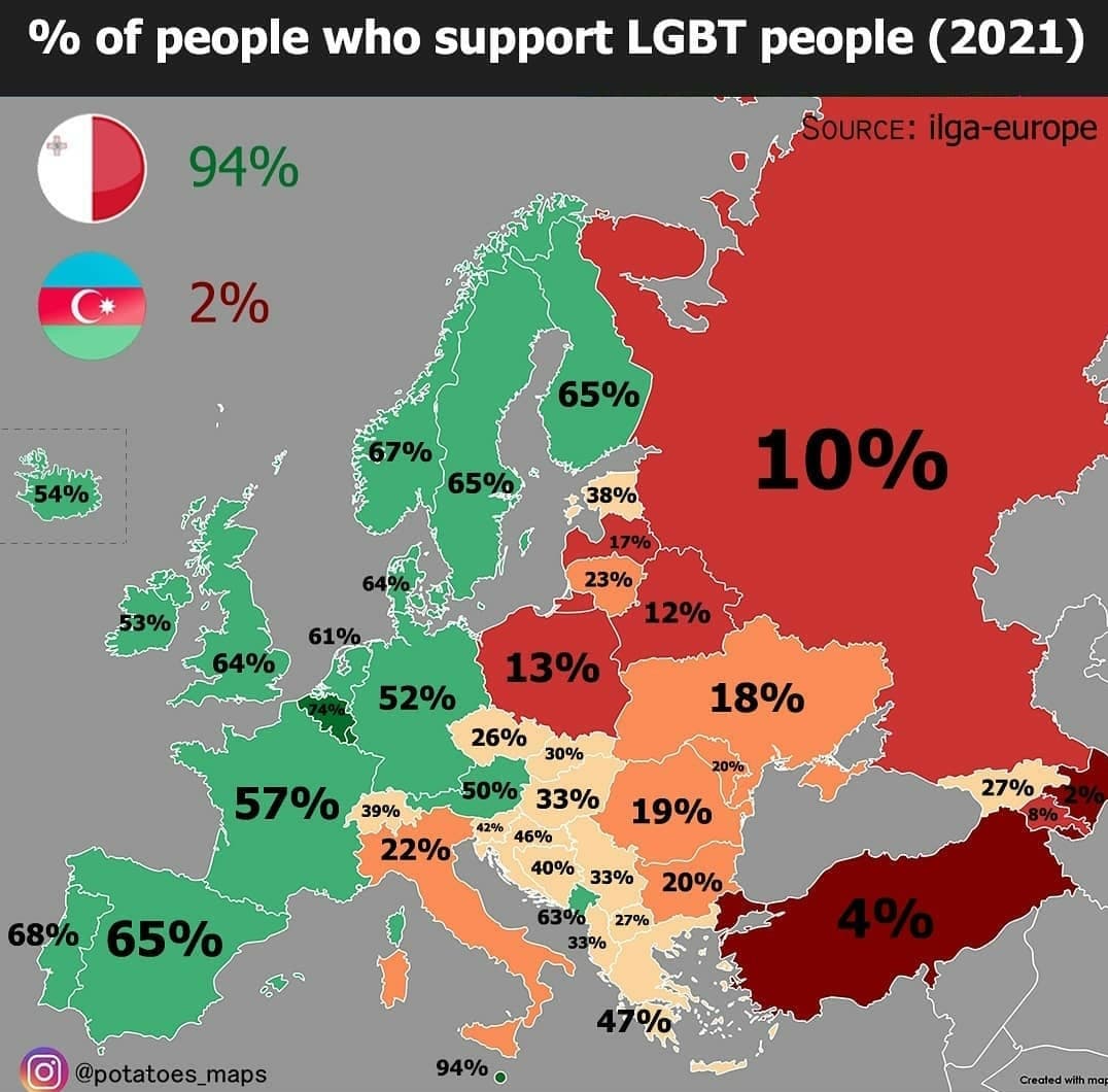 Percentuale di persone che supporta la comunità LGBT (2021) ?️‍?