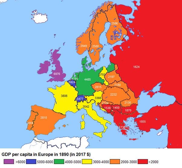 Pil pro capite dei paesi europei nel 1890 (ammirate come noi italiani eravamo più ricchi dei paesi scandinavi)