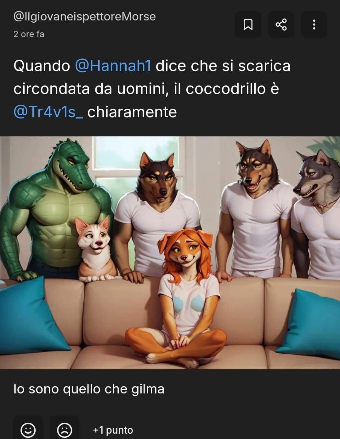 mentre io dormo, qualcuno si diverte a postare cose porno furry su di me... Morse parla dei miei post, ma neanche lui scherza😔