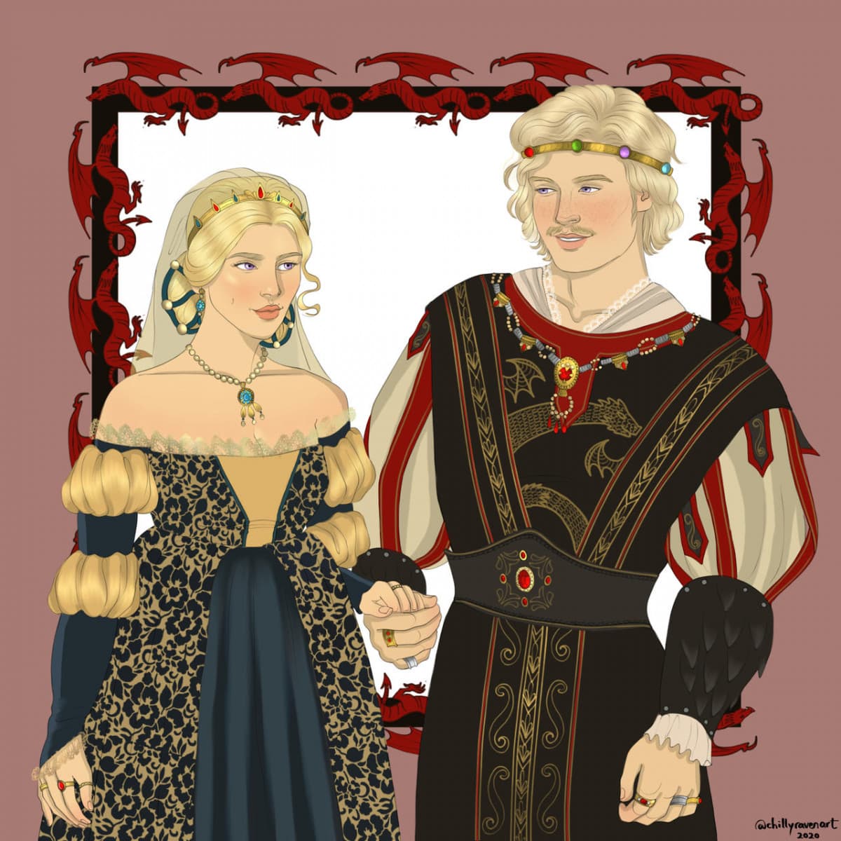 Re Viserys e la regina Aemma. La regina Rhaenyra con il secondo marito, il principe Daemon. Re Aegon con la regina madre Alicent e la regina Helaena.