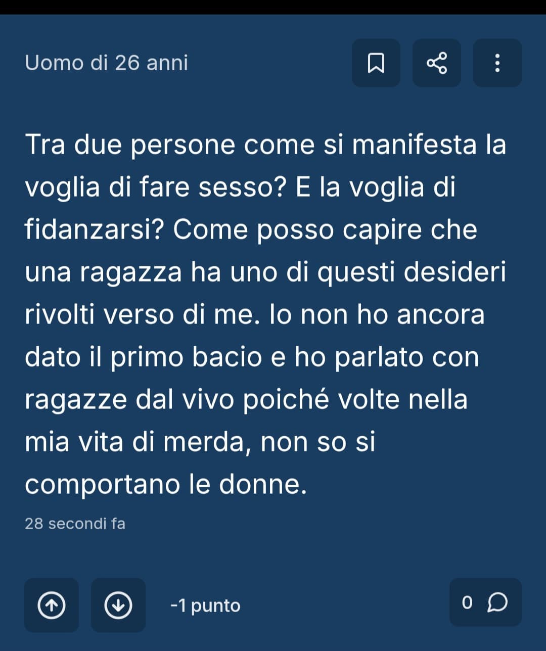 Ma perché il dislike 2 secondi dopo che è stato postato? Ma qual è il problema? Vi stanno così tanto sul cazzo gli uomini?