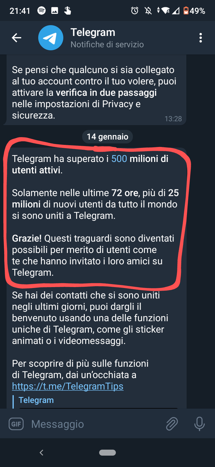 Messaggio da telegram