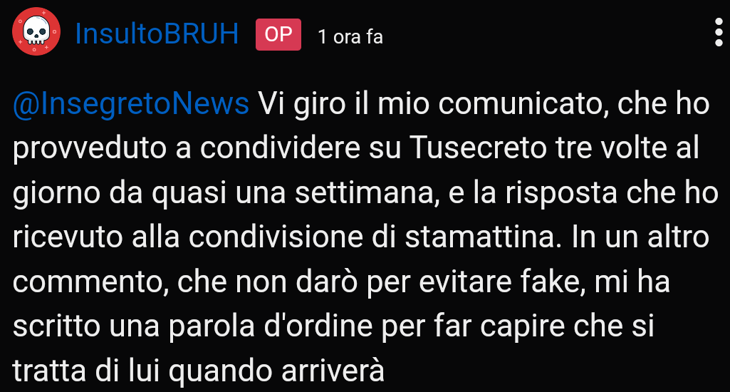 LA RISPOSTA DA TUSECRETO AD INSULTOBRUH - AL PIÙ PRESTO NUOVI CONTATTI