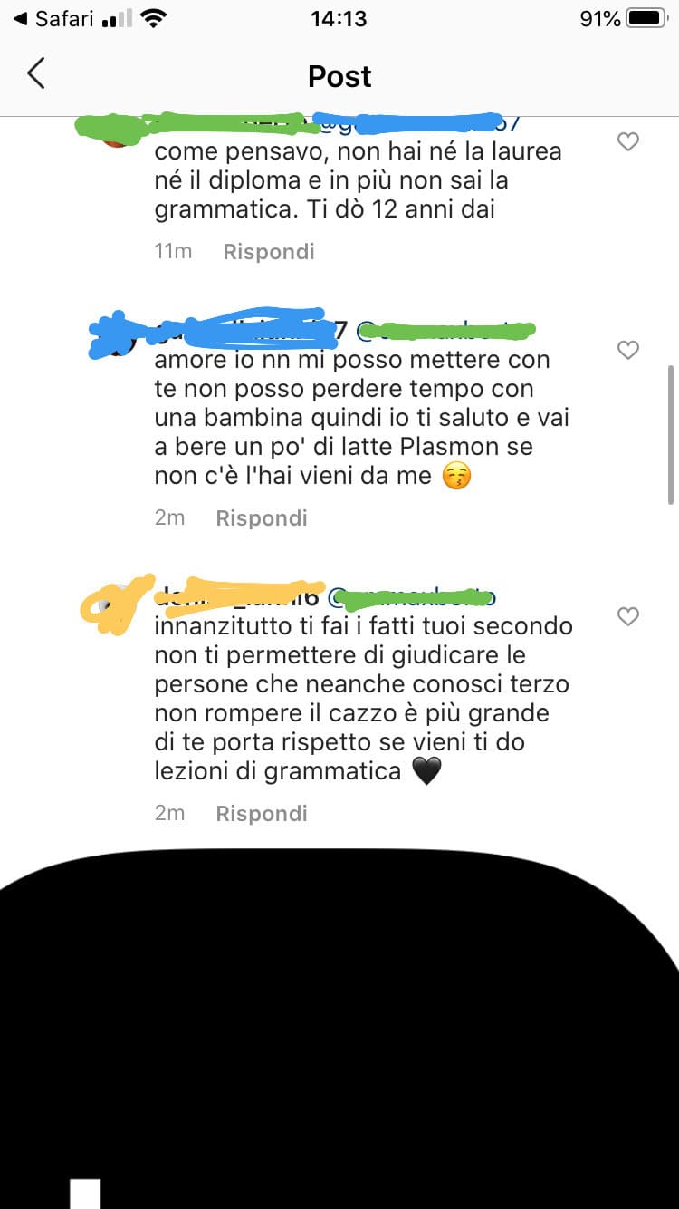 (Verde sono io, blu ragazzina sgrammaticata che dice di avere la laurea, giallo amica tipa sgrammaticata) alti livelli di cringe