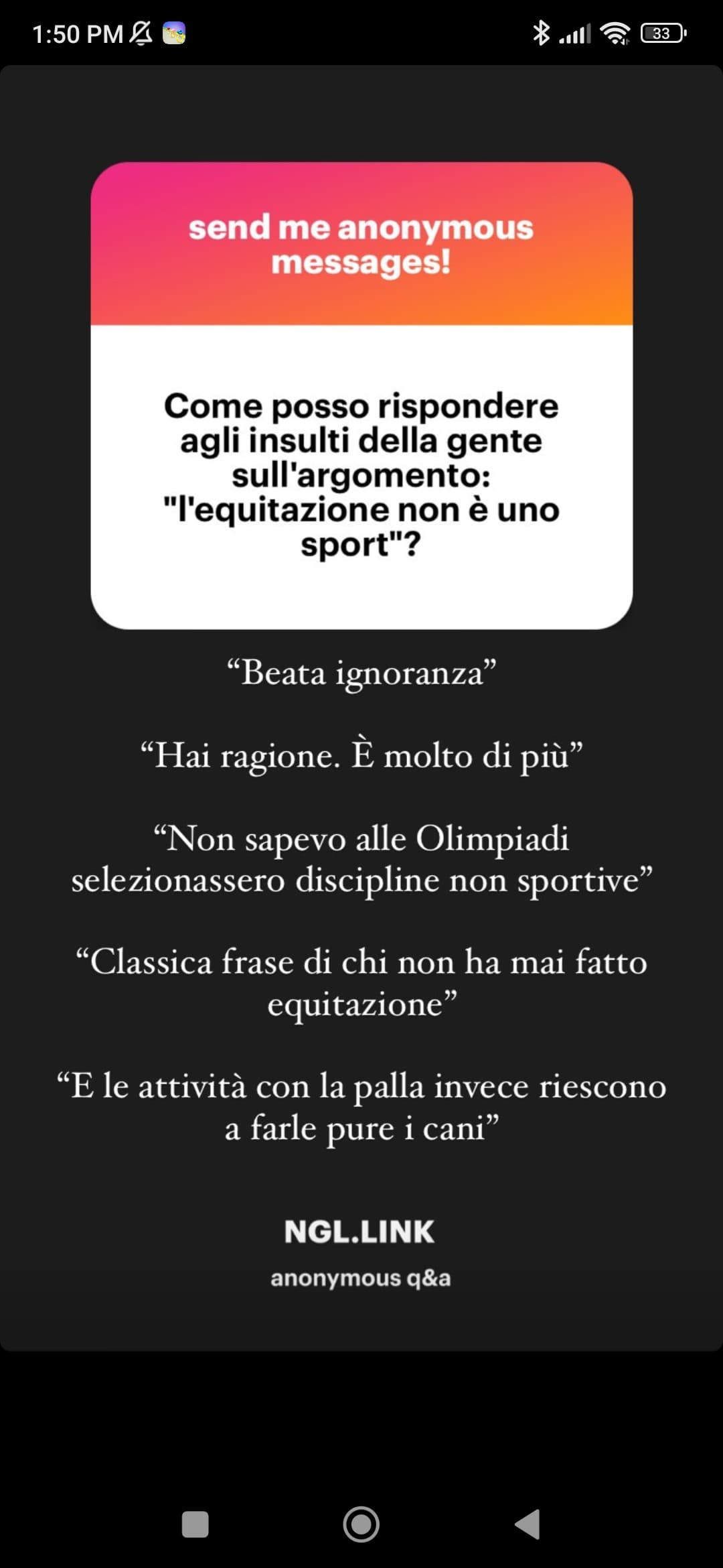 Screenshot di una storia Instagram di @docentothegreyhorse