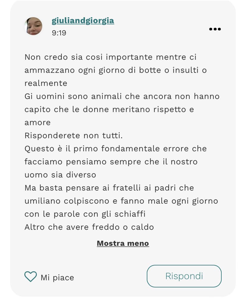 Quando vedo quanto le donne pensano male del genere maschile, mi sento fiero di essere bisessuale. In sto caso posso scegliere di mettermi con un uomo, mi viene più facile. Almeno non pensano ste cose degli uomini. Ci sono anche moltissime madri violente 