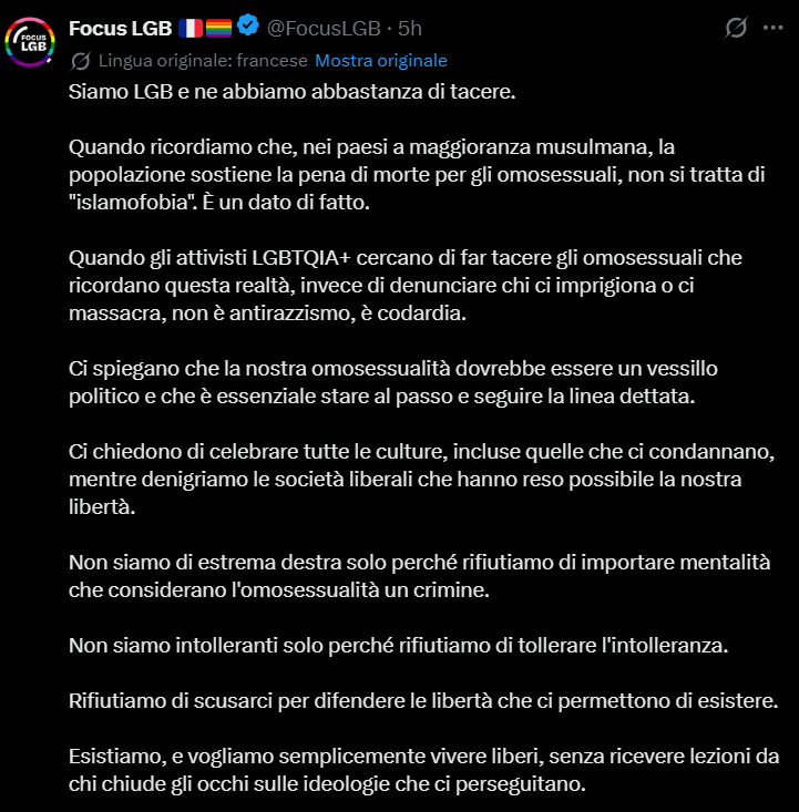 Finalmente qualcuno dal mondo LGBT sta iniziando ad alzare la testa e dire basta a questo islamismo. Non è islamofobia, è la nostra sopravvivenza!