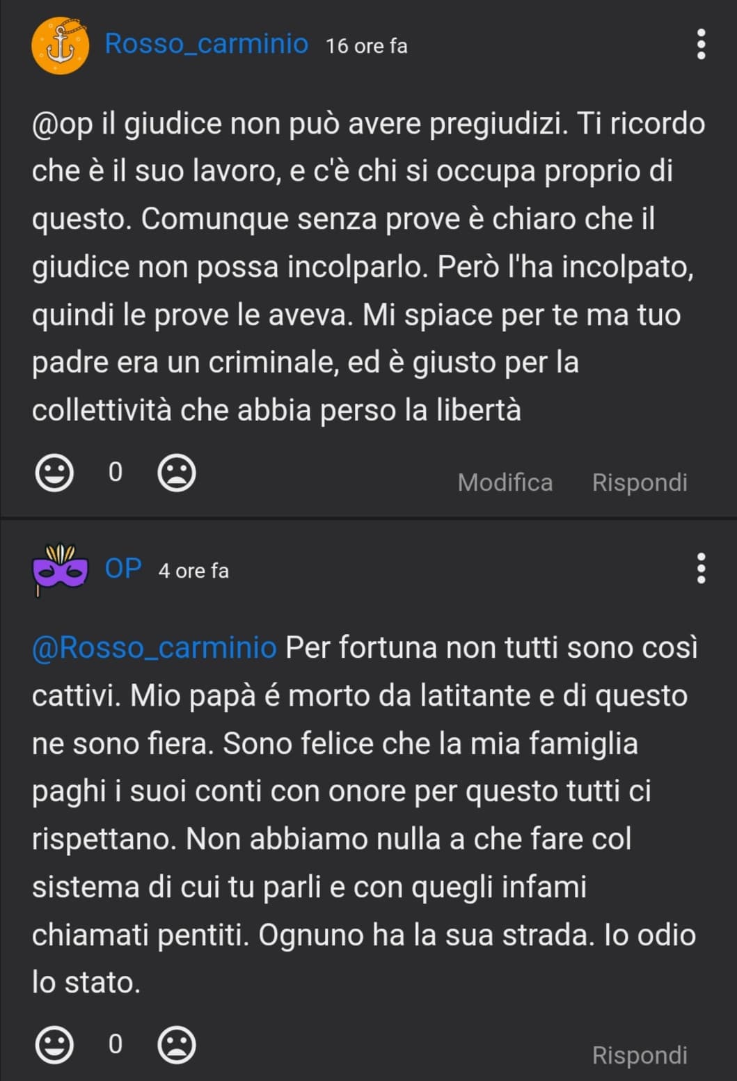 Suo padre era un mafioso, ha finito le scuse per sostenere che non avesse colpe e adesso se ne esce col "pentiti infami", "odio lo stato", "orgogliosa di mio padre mafioso latitante"