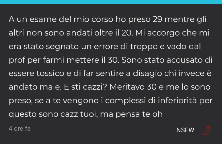 Io pensavo che finisse con " vado a farmi mettere il 30, poi il prof si accorse che doveva mettere 20 anche a me" 💀