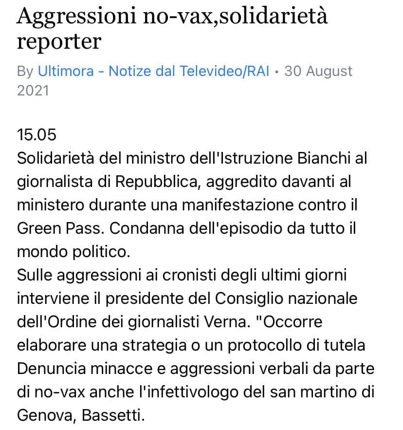 Continuano in questi giorni le aggressioni da parte dei no-vax verso giornalisti e medici