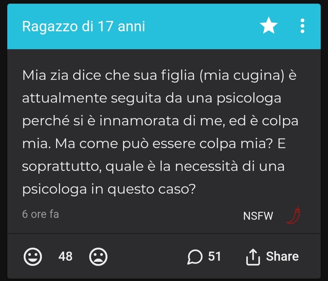 Immaginate come si debba sentire questa ragazzina nel sapere che sua madre è andata a dire a tutta la famiglia della sua cotta per il cugino 💀