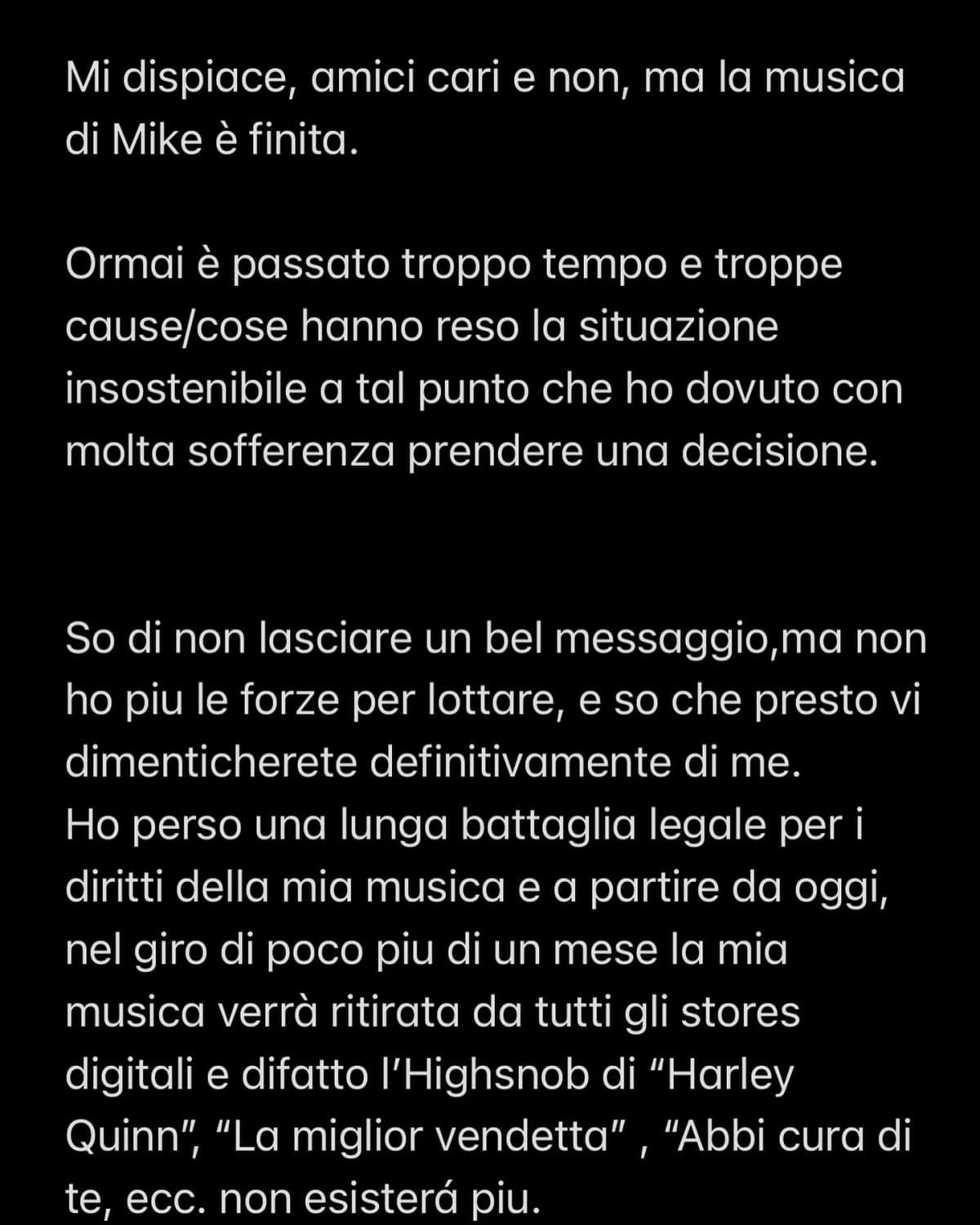 Highsnob ha annunciato che la sua musica verrà rimossa da tutte le piattaforme digitali. Alcuni di voi lo ricorderanno per la sua partecipazione al Festival di Sanremo 2022 con "Abbi cura di te" cantato in coppia con Hu.