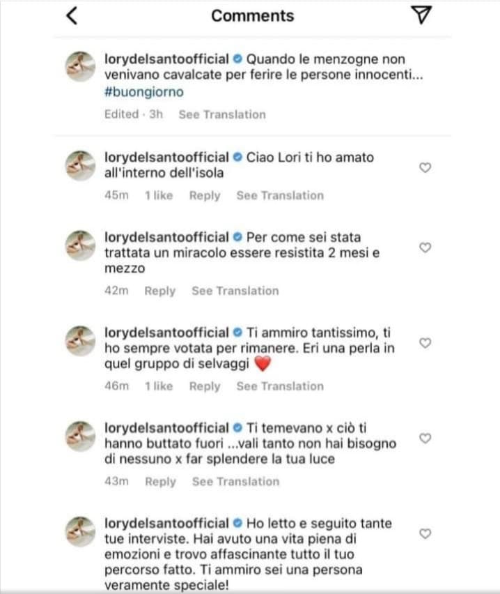 Lory del santo che si commenta il post su Instagram dimenticandosi di cambiare account, è la cosa più bella che vedrete oggi