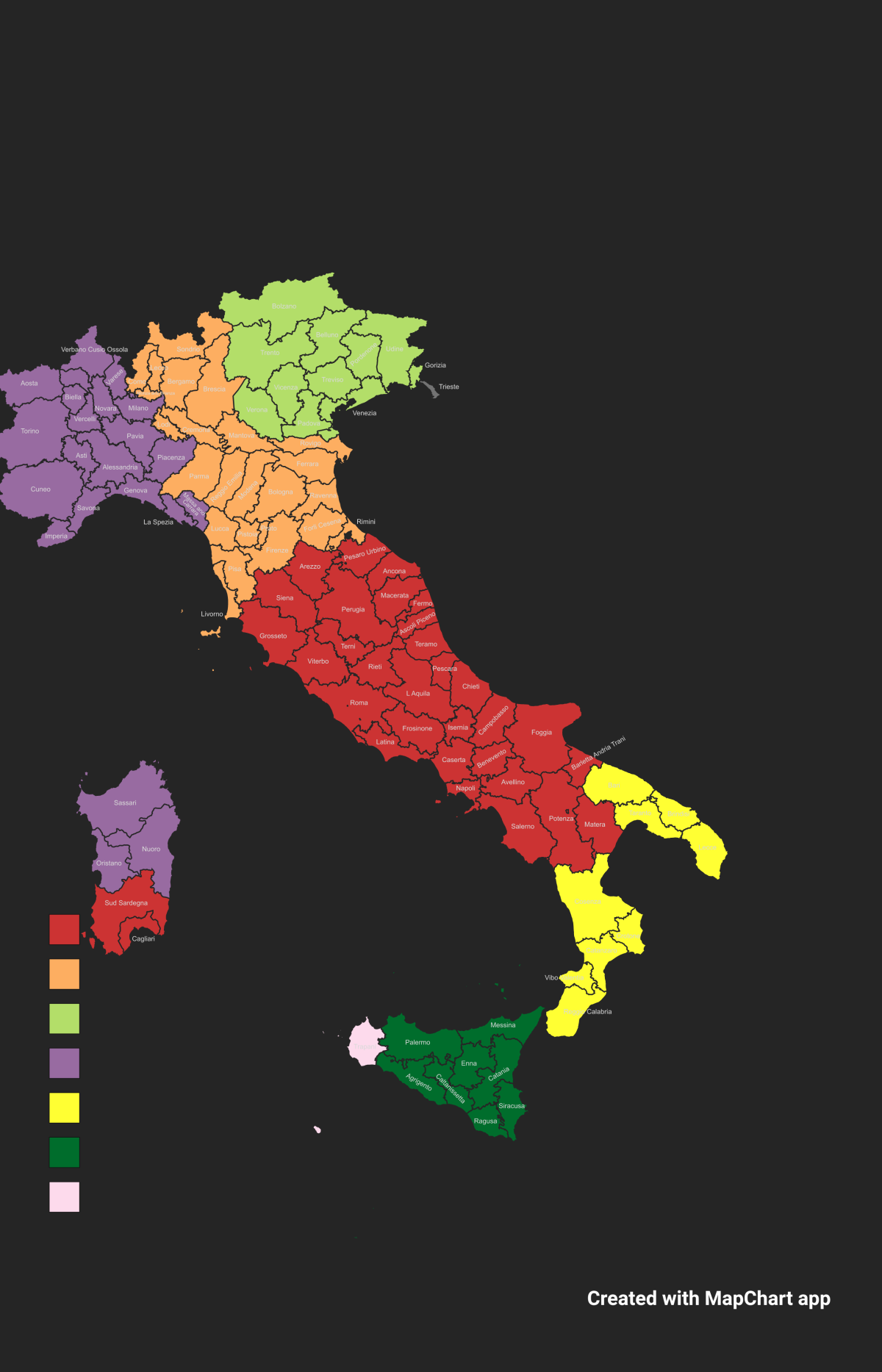 Vi piace come ho diviso l'Italia?(rosso: Regno Romano; viola: Regno di Piemonte; arancione: Federazione Emiliana; verde: Venezia; giallo: Ducato Puglia e Calabria; verde: Stato di Sicilia; il resto: Stato di Trapani 