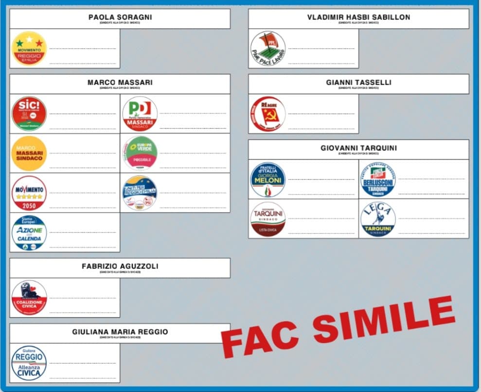 Fac simile della scheda elettorale delle elezioni comunali di Reggio Emilia 2024 