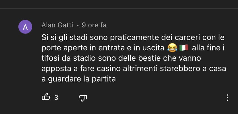 Voi la pensate come lui? A me da fastidio che la maggioranza della gente pensi così. Se vai allo stadio non sei per forza ignorante, violento ecc… perché secondo lui solo se guardi le partite da casa sei un tifoso civile. Sono stufo di questi stessi e cont