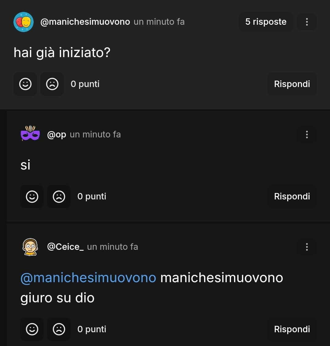 Ciao ragazzi possiamo metterci d'accordo per taggare tutti quanti manichesimuovono ogni volta che commentiamo? Tipo "Op sei un coglione @manichesimuov