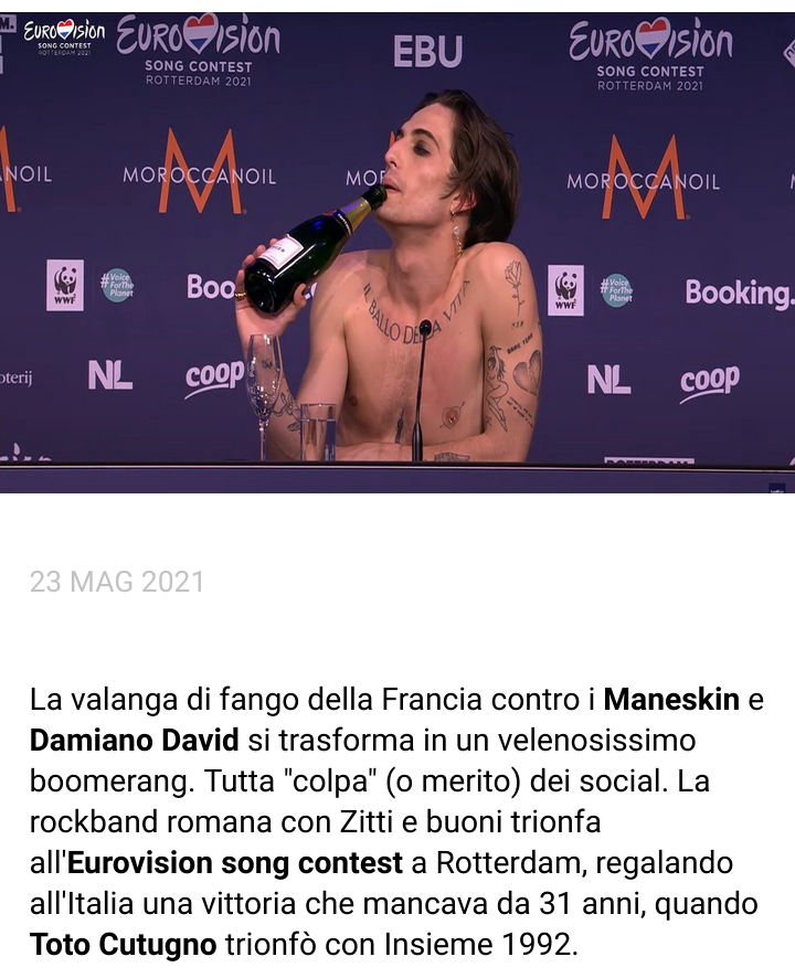 Per puntalizzare su chi diceva:GNIIIIIIII ve la prendete con i francesi GNIIIIIIII volano insulti GNIIIIIIIIII. i francesi non hanno perso tempo a cercare di umiliare con false accuse come l'uso di droghe durante l'eurovision di Damiano. Così la loro cara