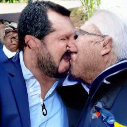 Ho seriamente chiesto a un'intelligenza artificiale di disegnare Matteo Salvini che bacia il purtroppo defunto Piero Angela... (Tranquilli, non è uno sfottò, mi spiace per Piero)