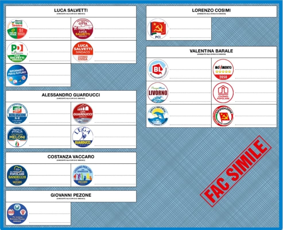 Fac simile della scheda elettorale delle elezioni comunali di Livorno 2024 