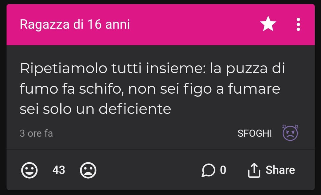 utenti di insehreto dopo aver scoperto k parlare di siga fa andare nei virali: ....



...

ABBADSO IL FUMO SE FUMATE SIETE DEI CEREBROLESI FATE CAGA VOI K FUMARE XAPITO