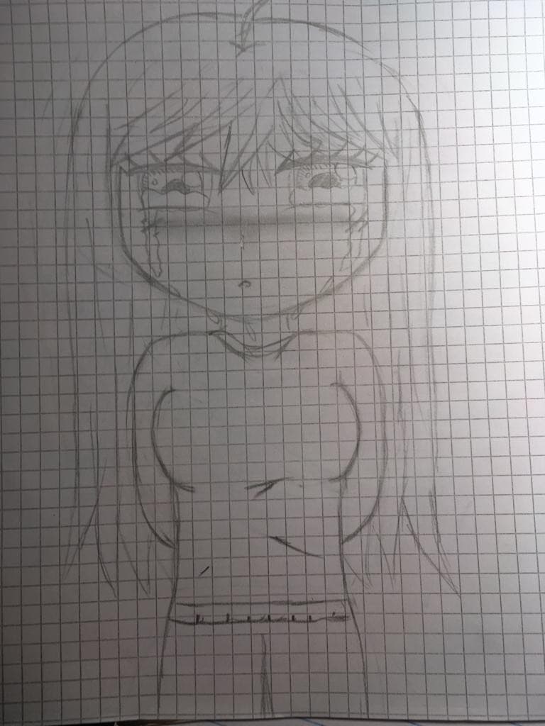 Questo è un mio disegno ❤? so che non è il massimo, ma non sono una campionessa di questo tipo di disegno manga❤ la testa è larga e schiacciata, ma volevo che sembrasse che stesse con la testa inclinata anche se non sembra molto ❤? ditemi che c'è ne pare❤?