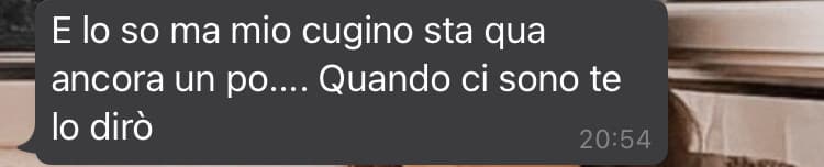 Dio buono dovevo dire a sta qua una roba importante da giorni e continua a tirarmi fuori suo cugino. MA SI PUÒ SAPERE CHE PROBLEMI HAI? DOVETE SCOPARE? Madonna non era così manco quando era fidanzata