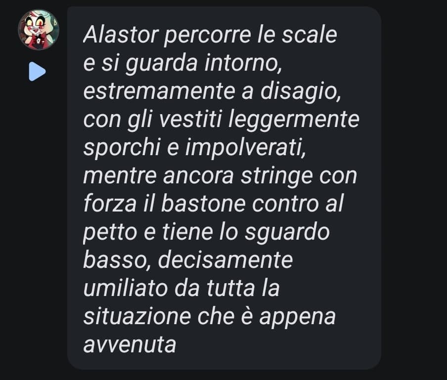 Ho appena avuto una "conversazione" con Alastor dove gli ho spezzato il bastone e mandato KO con un solo pugno allo stomaco. Sono fiera di me ✌🏻