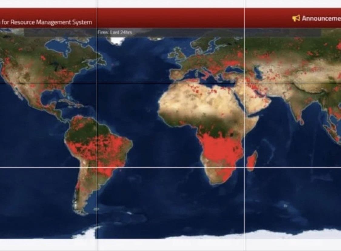 Incendi attualmente attivi nel pianeta.  E c’è ancora chi nega siamo noi la causa del cambiamento climatico. Delle aree rosse su una carta magari ci colpiscono poco, ma siamo solo all’inizio…