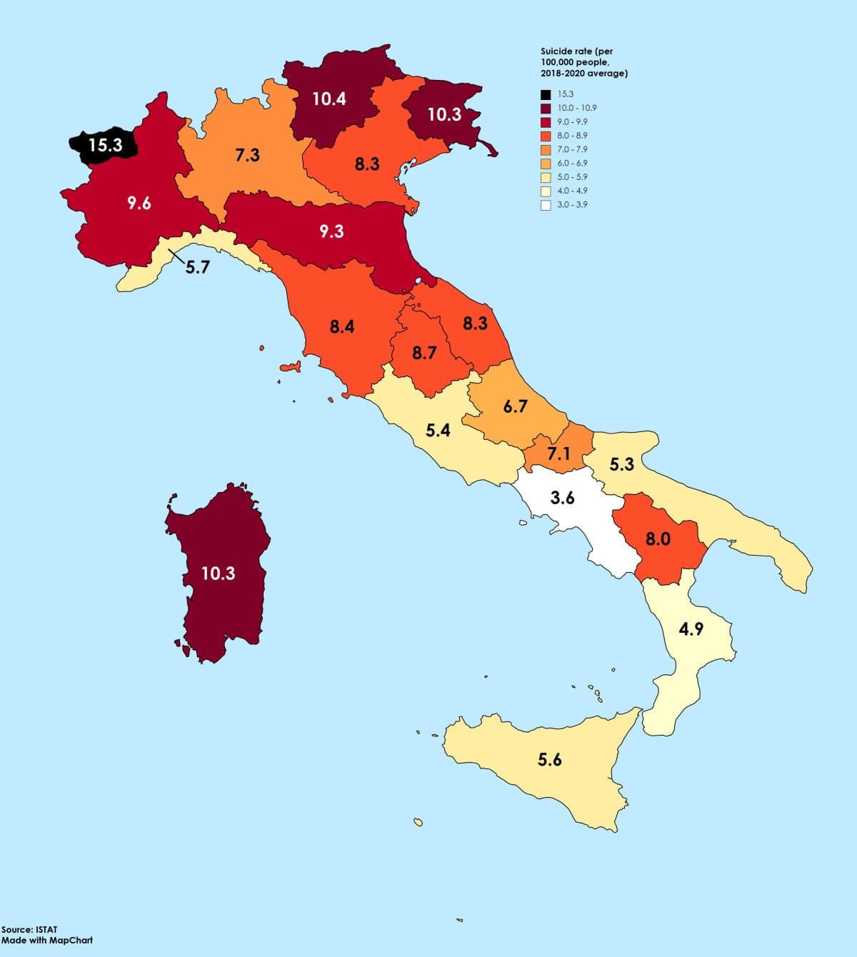 Tassi di suicidio in Italia, per regione 