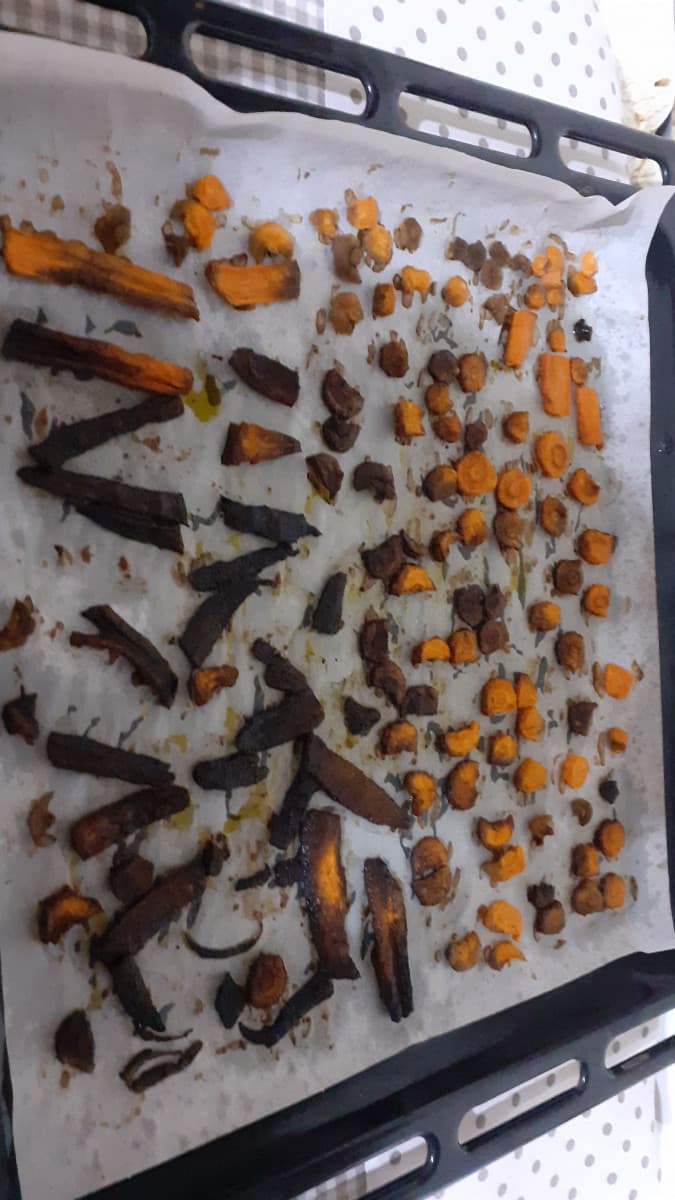 Io: mamma vado a lavarmi controlla le carote al forno
Lei:tranquilla nessun problema saranno ottime
Le carote: ....
Mia madre : sono belle cotte e croccanti