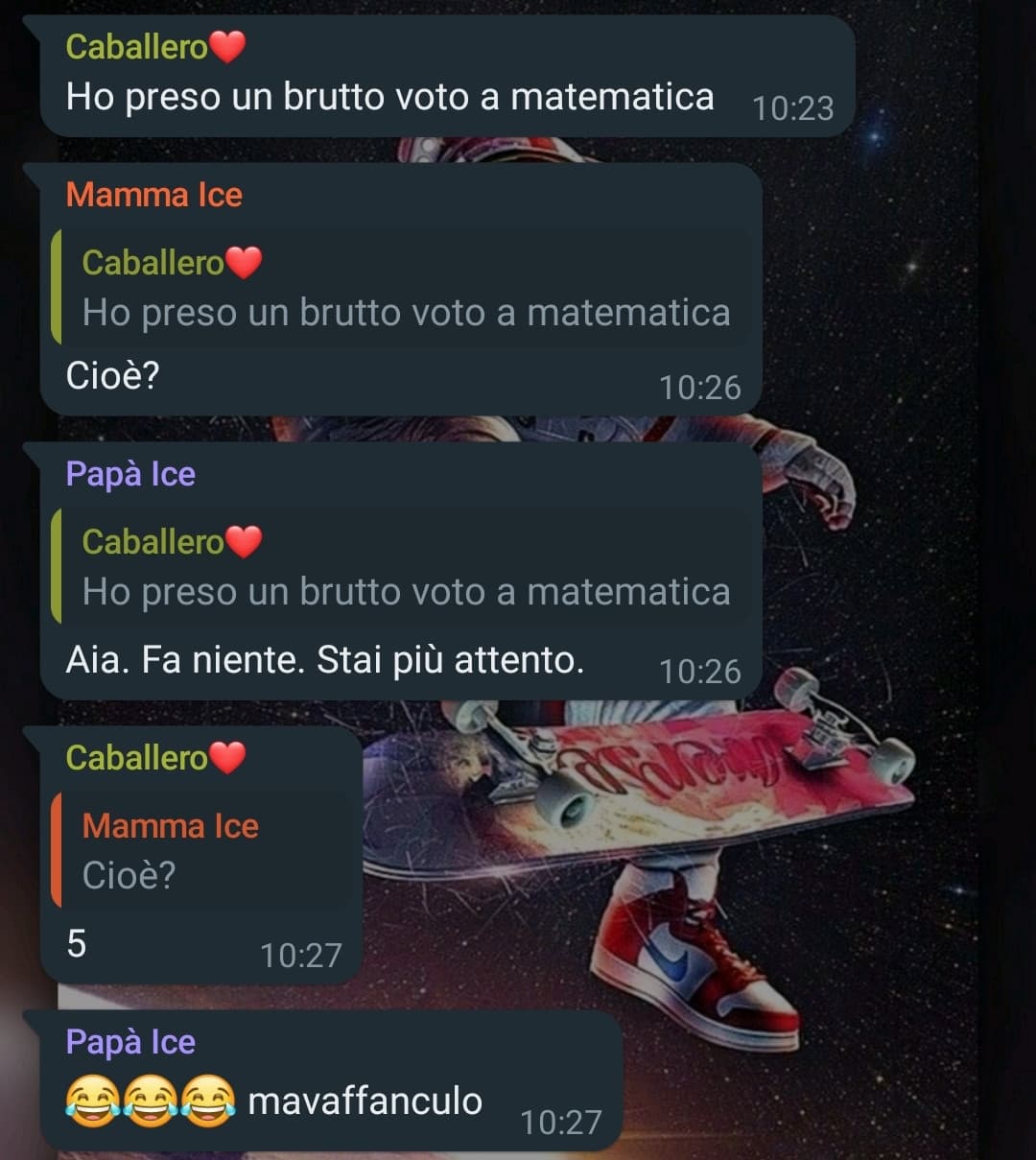 (Caballero=mio fratello) Sono felice che almeno con lui i miei genitori abbiano capito che i voti non contano nulla, nella seconda immagine ci sono i messaggi più significativi 💕💫