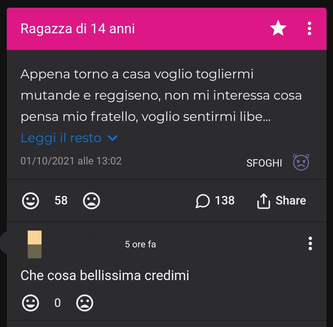 Ma quanto dovete essere disperati per scrivere nei segreti nsfw delle 14enni di due anni fa? Avete più di 20 anni porco giuda 