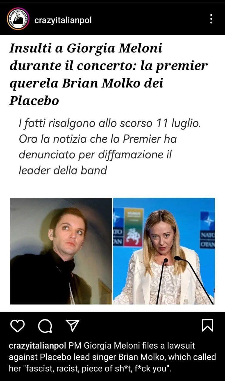 Non ho idea di chi sia Brian Molko ma mi fa troppo ridere il fatto che si sia beccato una denuncia dal Presidente del consiglio HAHAHA